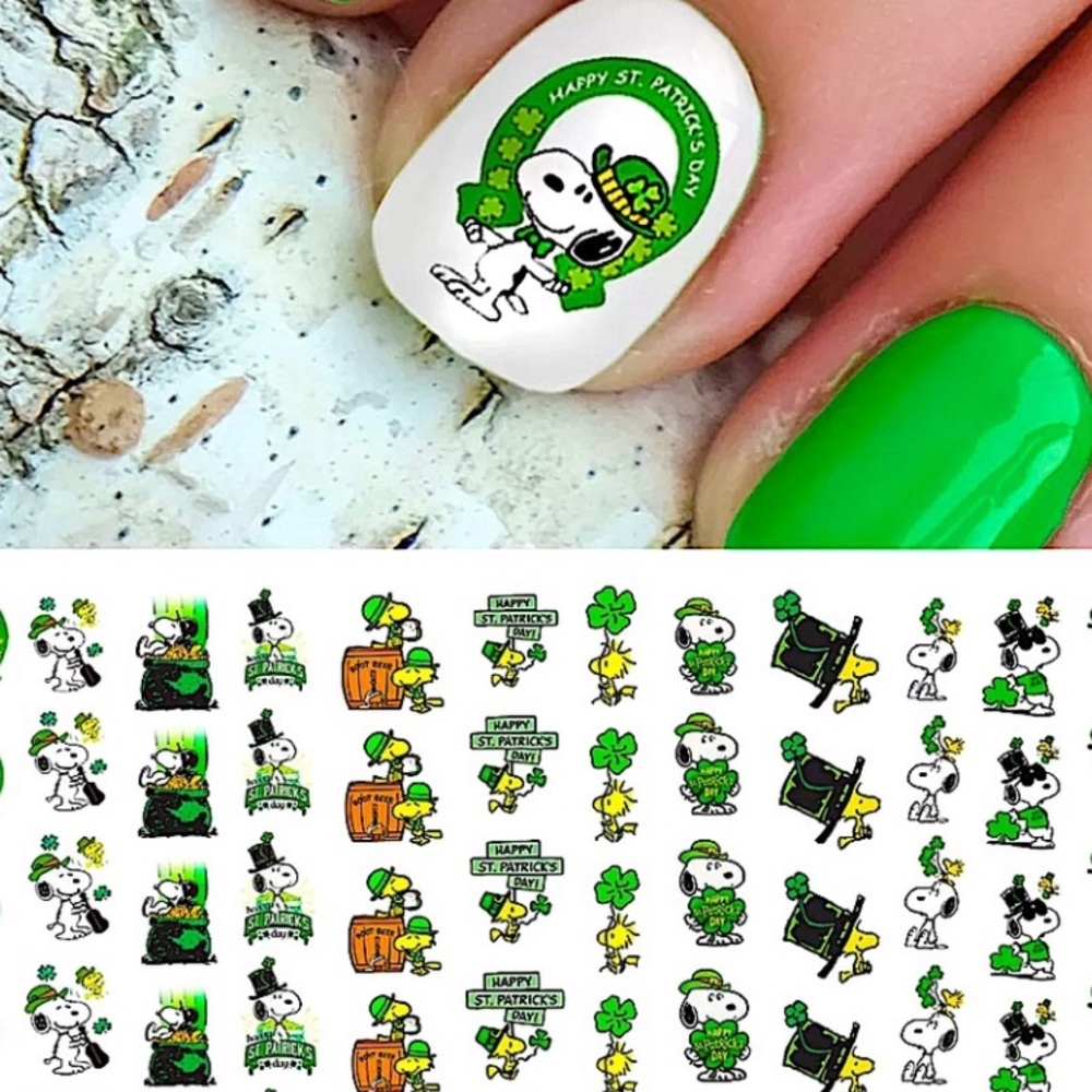 💌BO/GO$6☘️ Snoopy St. Patrick’s Day Clover Nail Decals  Transfer Nail Decals